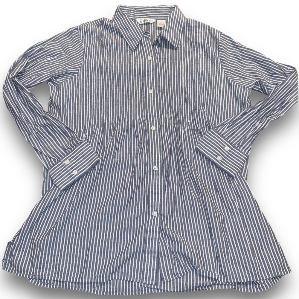 Orvis Women's Gray/White Striped Pintuck XL‎ Long Sleeve Button Up